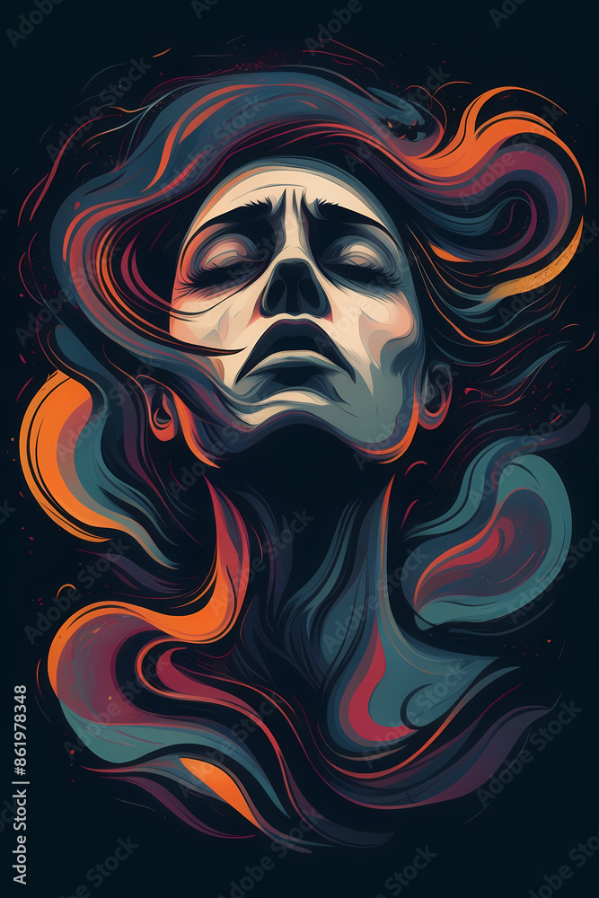 surreal illustration depicting a person's silhouette with a chaotic swirl of thoughts, symbols, and emotions emanating from their head, representing various mental health challenges. surreal illustration depicting a person's silhouette with a chaotic swirl of thoughts, symbols, and emotions emanating from their head, representing various mental health challenges.