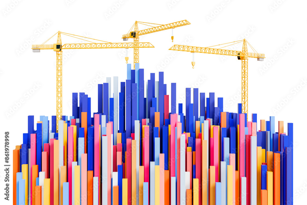 3D illustration of building construction colorful buildings in the city Top view of several skyscrapers and buildings under construction on a massive scale - clipping path 3D illustration of building construction colorful buildings in the city Top view of several skyscrapers and buildings under construction on a massive scale - clipping path