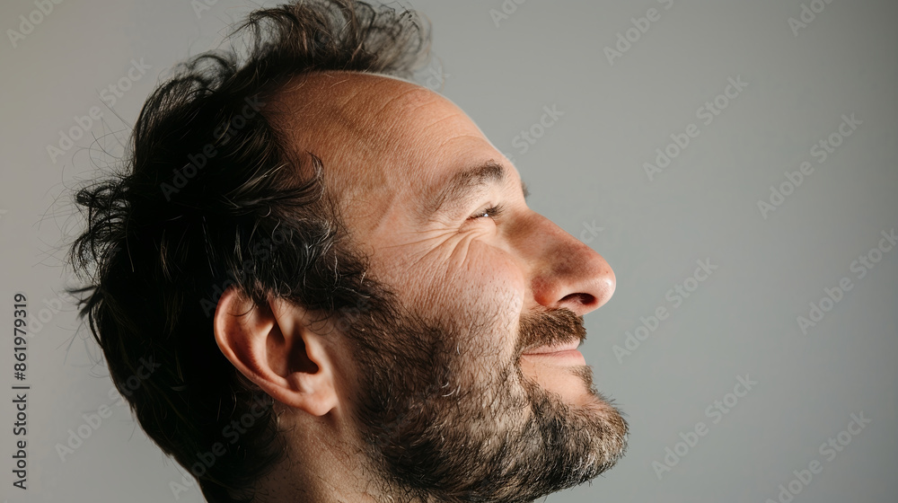 Fototapeta premium Side shot of man with happy face looking at the sky.