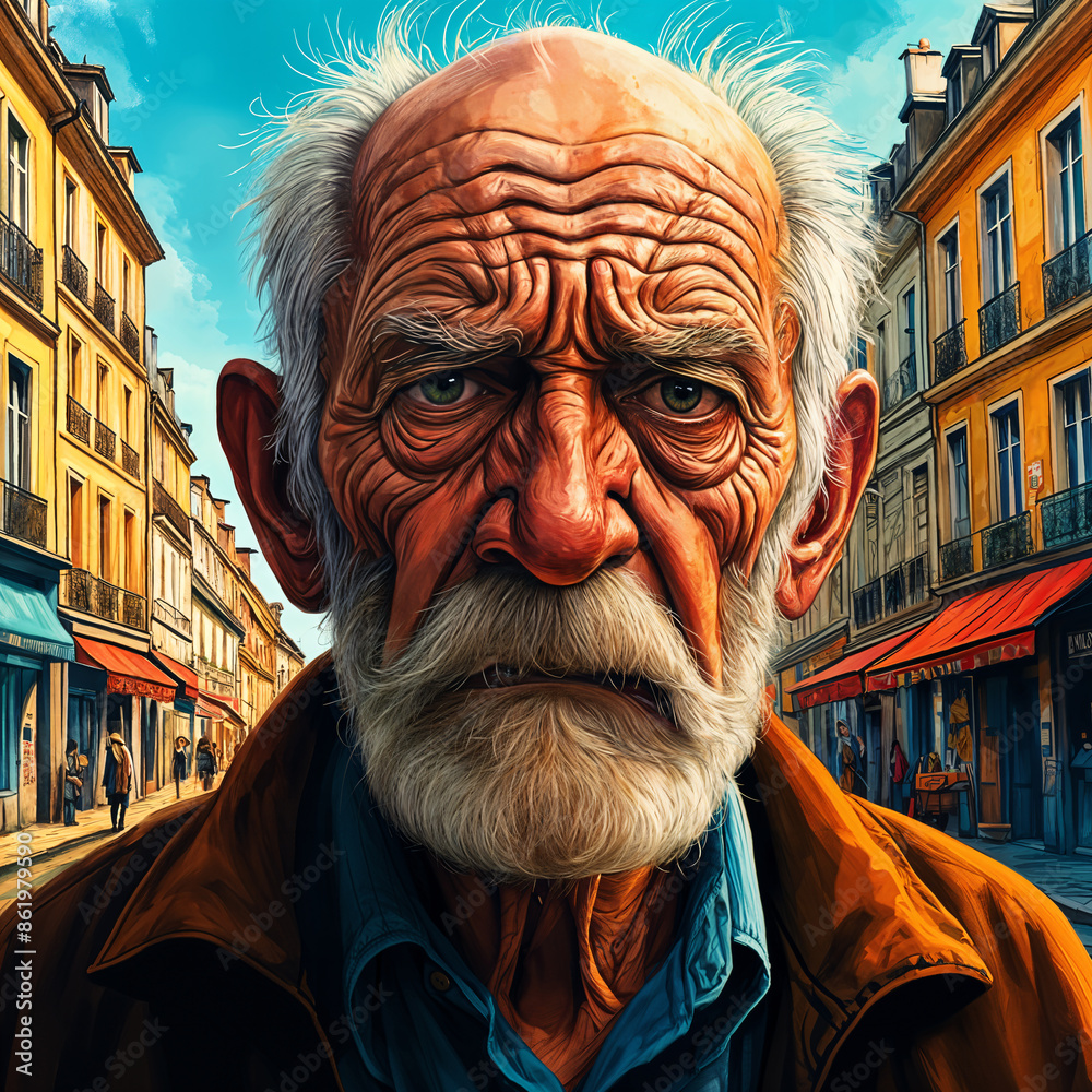 Older man with white hair and a beard, standing on a street lined with buildings. He appears to be looking off into the distance with a serious expression. Older man with white hair and a beard, standing on a street lined with buildings. He appears to be looking off into the distance with a serious expression.