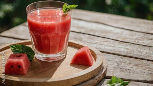 a glass of fresh watermelon juice placed on a wooden surface