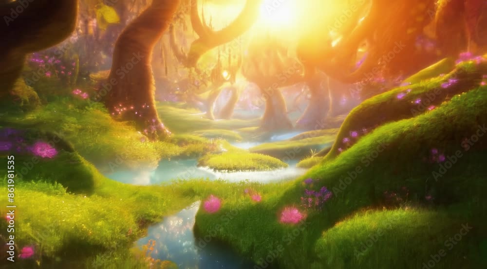 A beautiful fairytale enchanted forest with big trees and great vegetation. Digital painting background