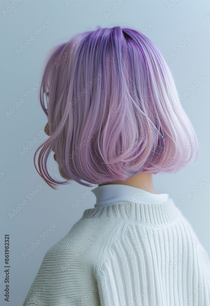 backshot of woman with lavender purple dyed hair, simple white background backshot of woman with lavender purple dyed hair, simple white background