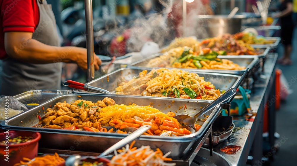 Obraz premium 5. Craft a mouthwatering view of a street food stall in Yaowarat (Chinatown), with chefs preparing aromatic dishes like pad Thai, grilled seafood, and mango sticky rice, inviting visitors to savor