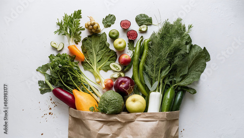 fresh green organic vegetables in a paper bag on white background