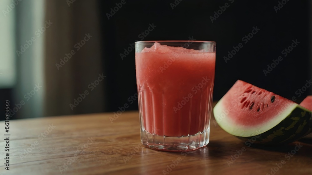 a glass of fresh watermelon juice placed on a wooden surface a glass of fresh watermelon juice placed on a wooden surface