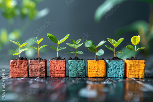 Row of seven small plants growing in colorful pots on a dark surface, business incubator concept