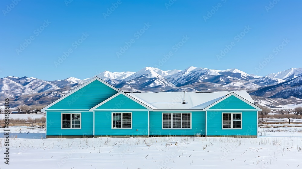 expansive view of a home clad in turquoise vinyl siding, with a background of snowy mountains under a clear winter sky expansive view of a home clad in turquoise vinyl siding, with a background of snowy mountains under a clear winter sky
