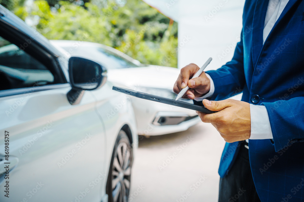 businessman in suit and car auto insurance agent assess car damage, discussing deductible, claims, coverage options comprehensive and collision insurance, completing necessary forms and appraisals. businessman in suit and car auto insurance agent assess car damage, discussing deductible, claims, coverage options comprehensive and collision insurance, completing necessary forms and appraisals.