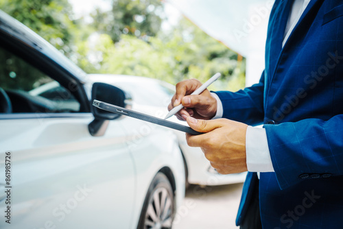 businessman in suit and car auto insurance agent assess car damage, discussing deductible, claims, coverage options comprehensive and collision insurance, completing necessary forms and appraisals. photo