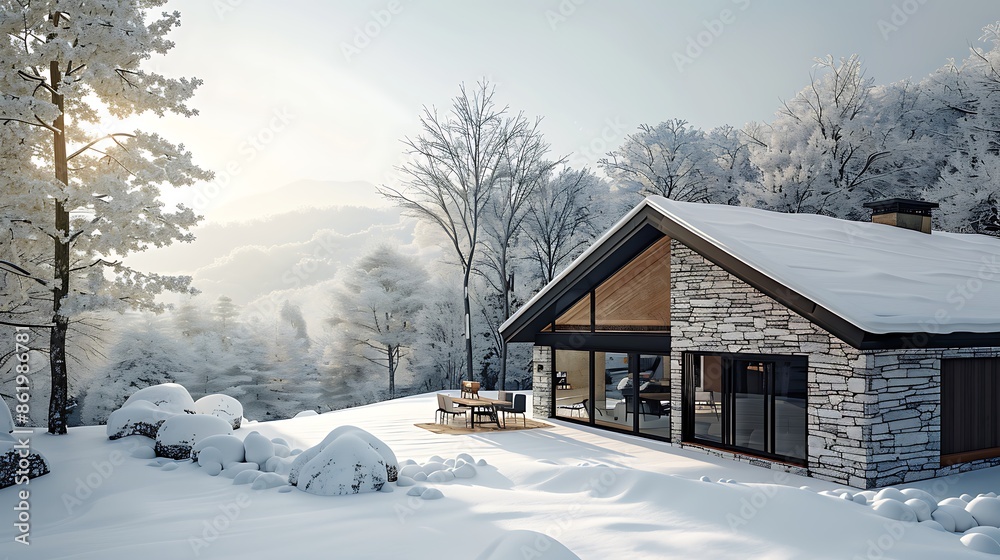 image of a mountain retreat with vinyl siding textured like natural stone, blending into the snowy landscape for a seamless aesthetic image of a mountain retreat with vinyl siding textured like natural stone, blending into the snowy landscape for a seamless aesthetic