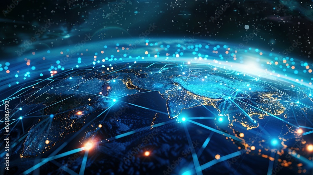 Obraz premium Cyber Technology and Global Connectivity: High-Speed Data Transfer on a Digital Globe