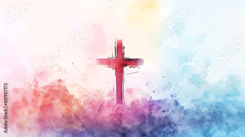cruz catolica sobre un fondo colorido con efeco de acuarela representando fe y esperanza oracion y creencias