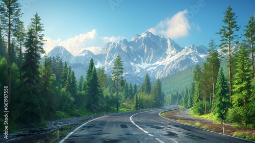 Scenic mountain road surrounded by lush green forest and majestic snow-capped peaks under a bright blue sky, ideal for travel and nature themes. © ngstock