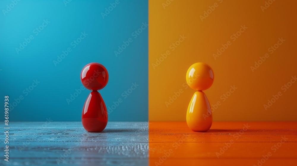 custom made wallpaper toronto digitalTwo small figures, one red and one yellow, stand on a wooden surface