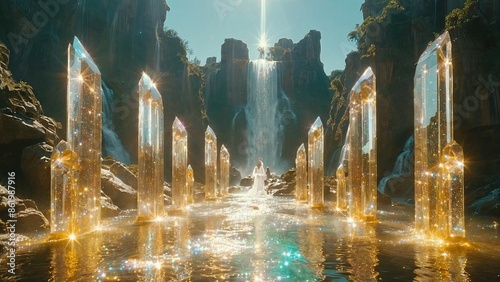 Beautiful fantasy scene with heaven angelical city full of quartz crystals