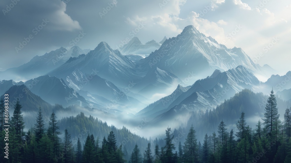 custom made wallpaper toronto digitalSnowy mountain range with fog and pine forest, serene landscape view. Nature beauty and wilderness concept