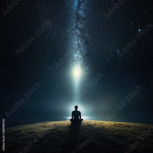 Silhouette of one person meditating in front of vast cosmic sky with bright stars, fantasy scene