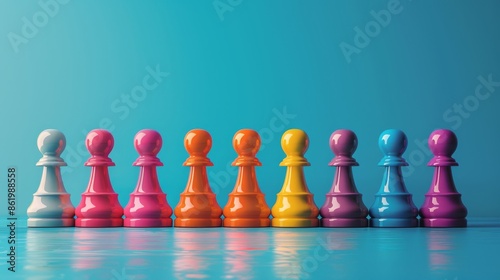 A row of colorful chess pieces are lined up on a blue background