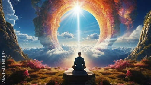 One man meditating surrounded by heaven dreamy landscape with shining portal and amazing cloudscape, fantasy background