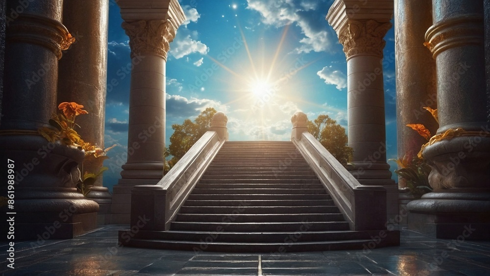 Obraz premium Amazing view with temple and stairs to heaven, fantasy scene with bright sun and clouds