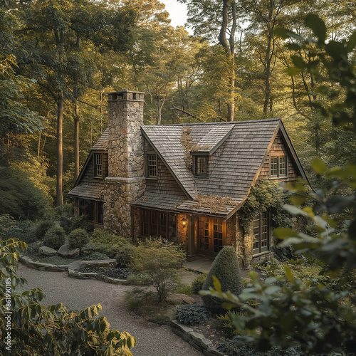 A cape style home with a field stone chimney in a dense forrest 