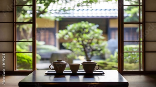 3. Generate a traditional tea ceremony in a Kyoto machiya (townhouse), with a tatami mat room, paper sliding doors, and a serene garden view, offering a glimpse into Kyoto's rich tea culture and