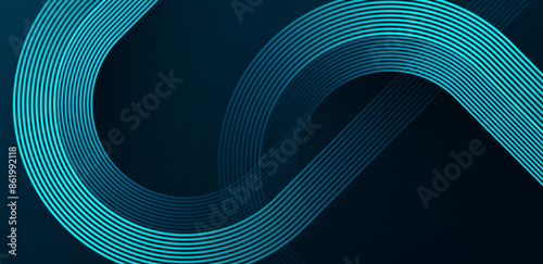Dark blue abstract background with blue glowing geometric lines. Modern shiny blue diagonal rounded lines pattern. Futuristic technology concept. Vector illustration