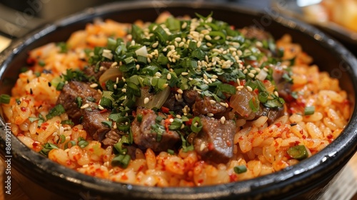 Spicy Korean Rice Bowl with Meat and Sesame Seeds