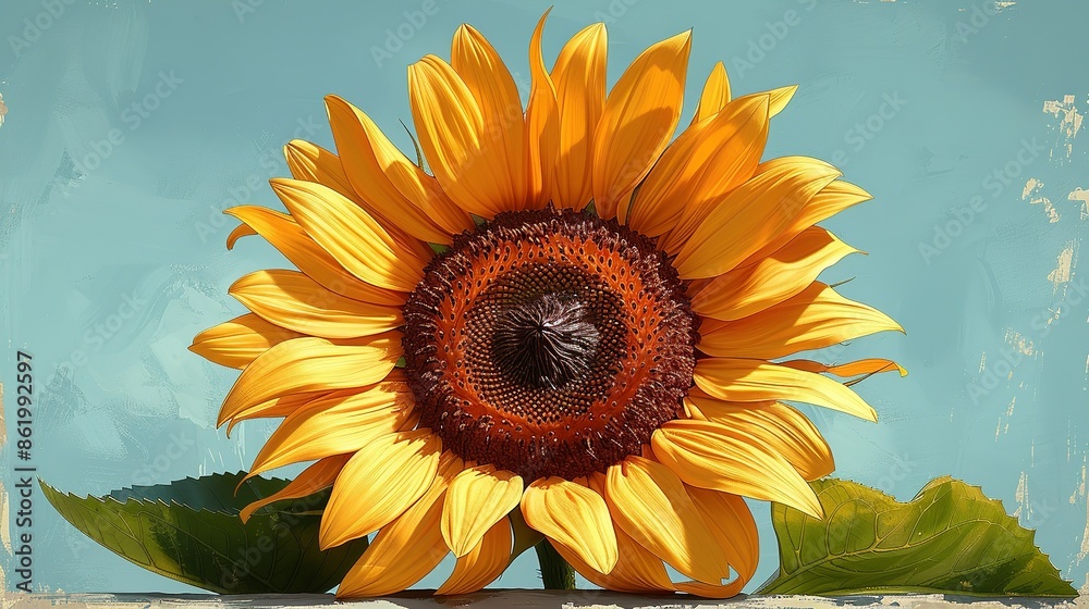 Obraz premium Bright and cheerful sunflower illustration, perfect for summer and gardening themes, showcasing a vibrant sunflower with large yellow petals and a brown center, basking in the sunlight. Illustration,