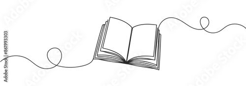 Continuous one line drawing of an open book. Vector illustration of back to school, educational supplies.