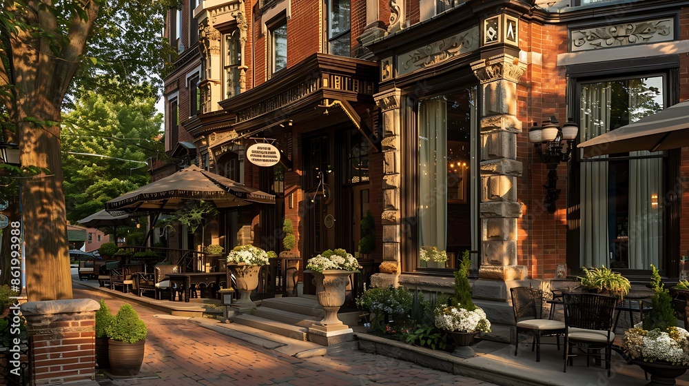 boutique hotel in a historic district with a restored brick facade featuring original ornamental stonework, attracting tourists with its charm boutique hotel in a historic district with a restored brick facade featuring original ornamental stonework, attracting tourists with its charm