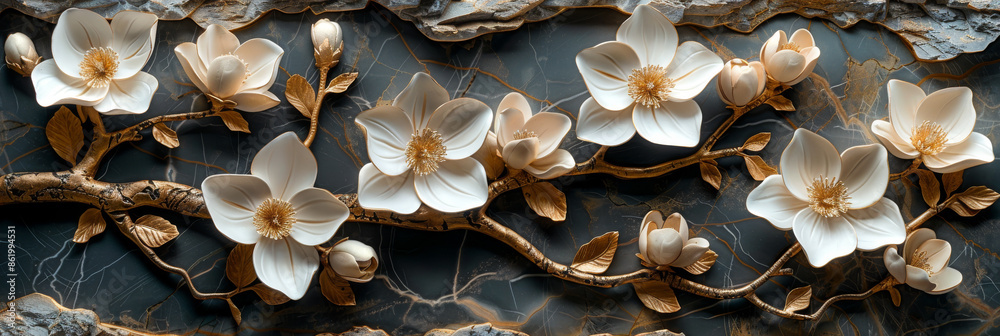 Fototapeta premium panel wall art, wall decoration, marble background with flowers designs