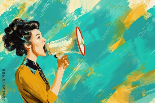 retro communication concept stylized woman with vintage hairstyle shouting into megaphone bold teal and yellow brushstroke background dynamic 1960sinspired illustration photo