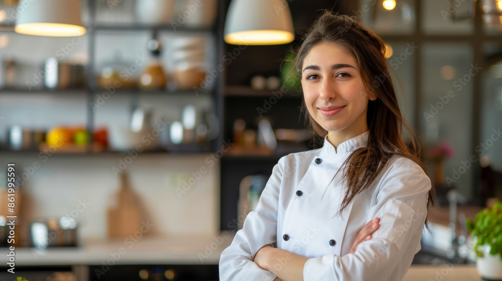 A woman chef stands in a kitchen with a smile on her face A woman chef stands in a kitchen with a smile on her face