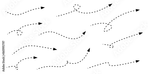 Set of zigzag dashed line arrows, isolated on a white background - Simple black arrows with curves