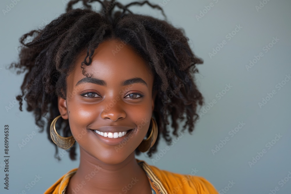 photo of young black woman smiling in studio outfit photo of young black woman smiling in studio outfit