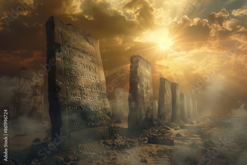 striking 3d render of weathered stone tablets ancient hebrew inscriptions dramatic lighting desert backdrop mystical aura divine commandments photo