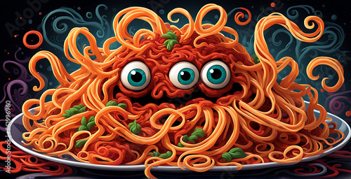  Spaghetti monster pasta flying halloween funny food pastafarian sauce cartoon. Pop spaghetti pasta monster dish scary head art spooky fun meatball humor tomato isolated atheist religious lunch holy.  photo