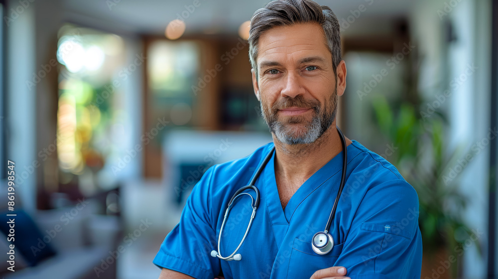 A man in a blue scrubs shirt is smiling and posing for a picture, professional doctor A man in a blue scrubs shirt is smiling and posing for a picture, professional doctor