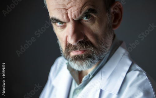 A man with a beard and a white lab coat is looking angry, professional doctor