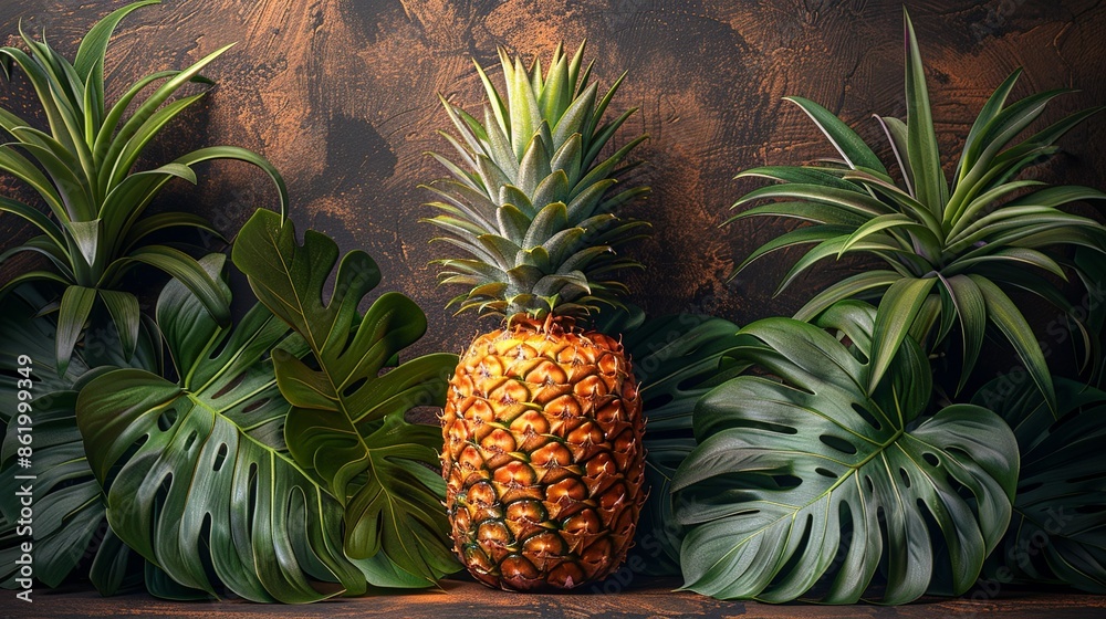 Fototapeta premium Tropical pineapple illustration, perfect for summer and exotic themes, featuring a juicy and ripe pineapple with detailed texture, surrounded by tropical leaves and a sunny background. Illustration,