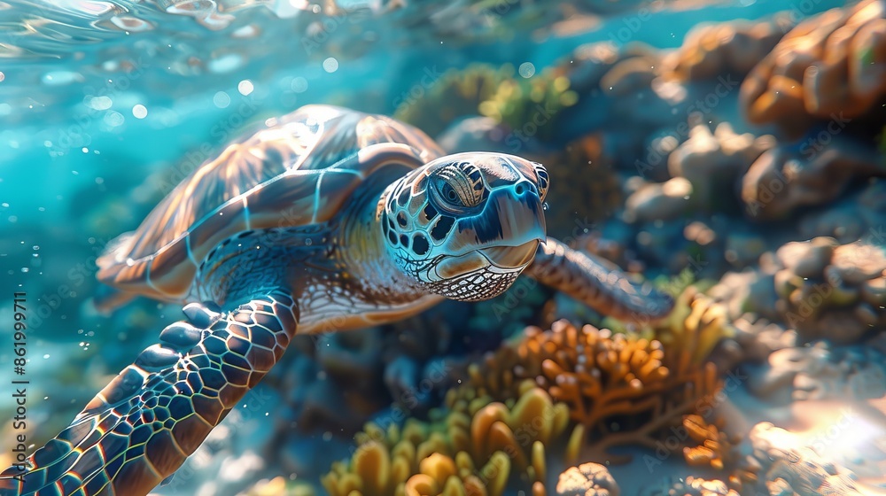 Fototapeta premium Sea turtle swimming over coral reef, underwater view. Marine life and ocean wildlife concept