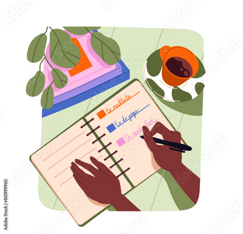 Woman copes with stress. Girl write notes in diary. Time management and planning. Awareness and mindfulness, mental health care. Cartoon flat vector illustration isolated on white background