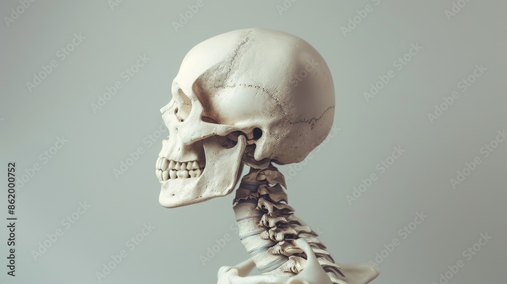 Side view of human skull model on gray background, anatomy and medical education concept Side view of human skull model on gray background, anatomy and medical education concept