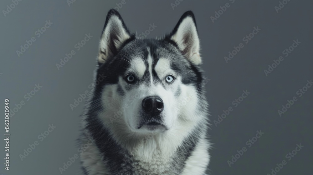 Close up photo of Alaskan Malamute dog with black and white fur sitting in studio and gazing at the camera Close up photo of Alaskan Malamute dog with black and white fur sitting in studio and gazing at the camera