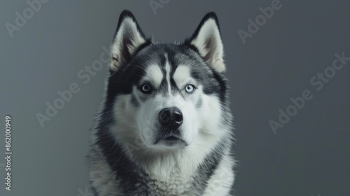 Close up photo of Alaskan Malamute dog with black and white fur sitting in studio and gazing at the camera photo