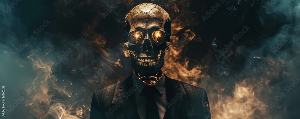 Skull in a suit surrounded by smoke with glowing eyes, dark and eerie atmosphere, gothic concept Skull in a suit surrounded by smoke with glowing eyes, dark and eerie atmosphere, gothic concept