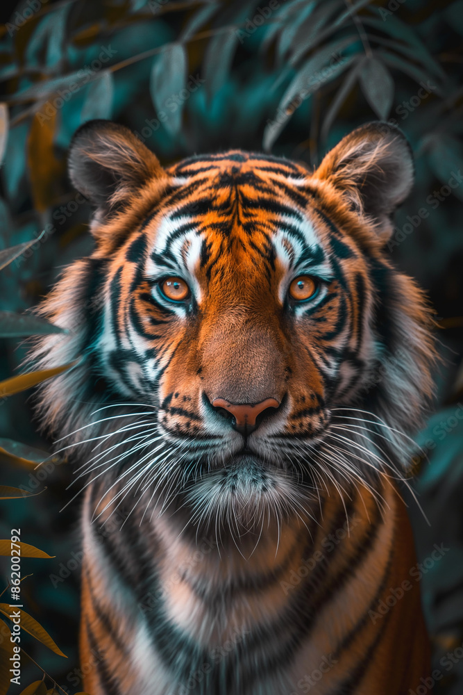 animal by ai // tiger in the jungle portrait, majestic, eyes glowing intense ganze and fur patterned in vibrant organge and black stripes, lush green foliage background, photorealistic // ai-generated animal by ai // tiger in the jungle portrait, majestic, eyes glowing intense ganze and fur patterned in vibrant organge and black stripes, lush green foliage background, photorealistic // ai-generated