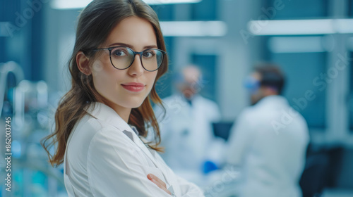 A woman wearing glasses, researcher or scientist